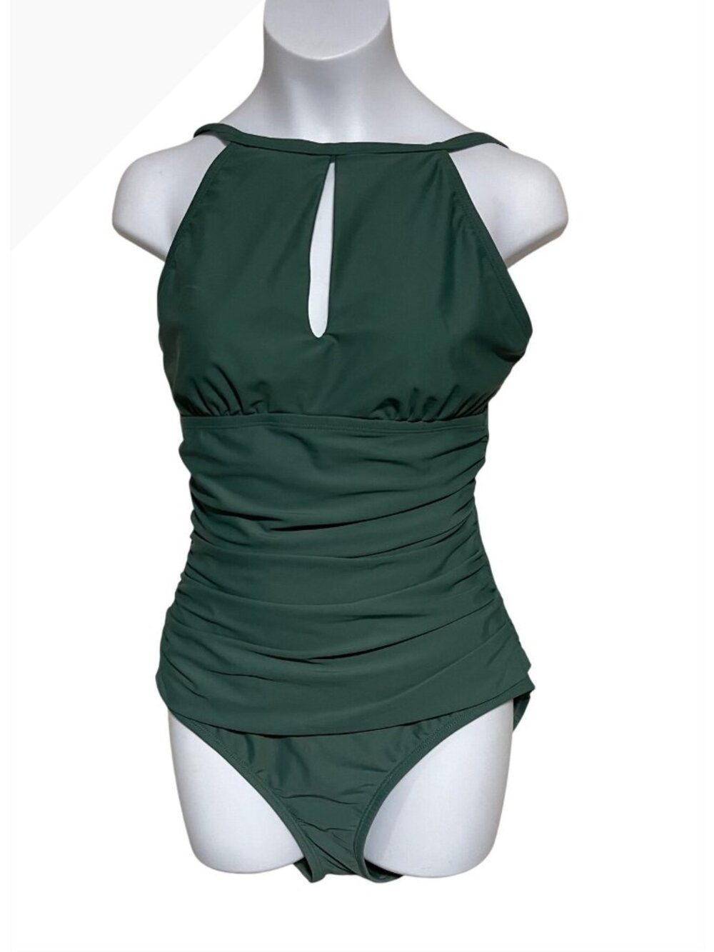 Ellen Tracy Womens Ruched Swimsuit Size 6 Green One Piece Halter Keyhole Neck